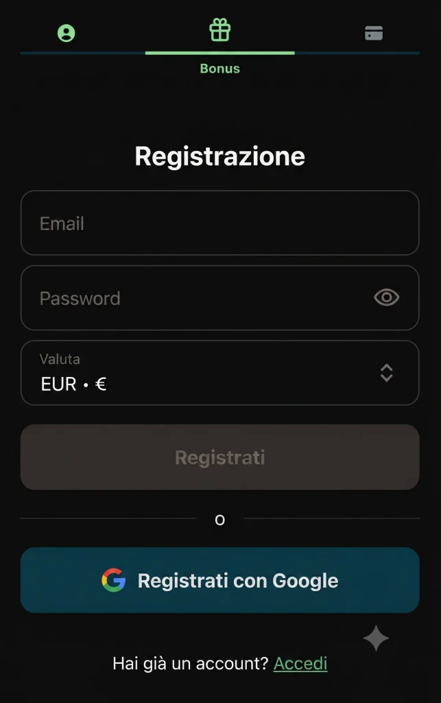 Royalsea Casino regisztrációs űrlap e-mail, jelszó és valuta mezővel