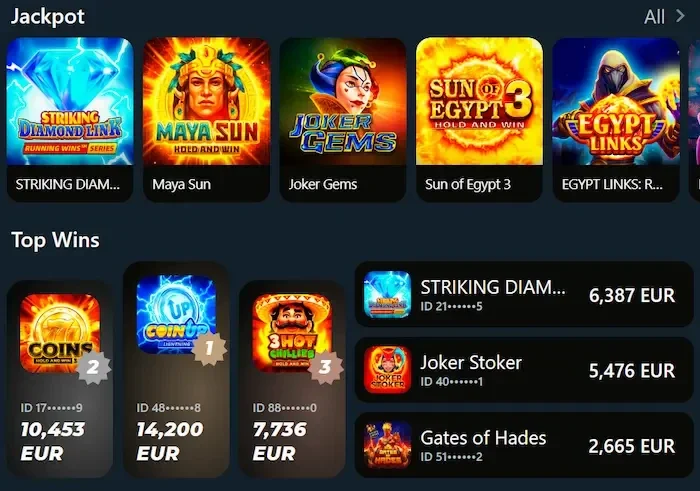 Royalsea Casino jackpot játékok és a legnagyobb nyeremények listája