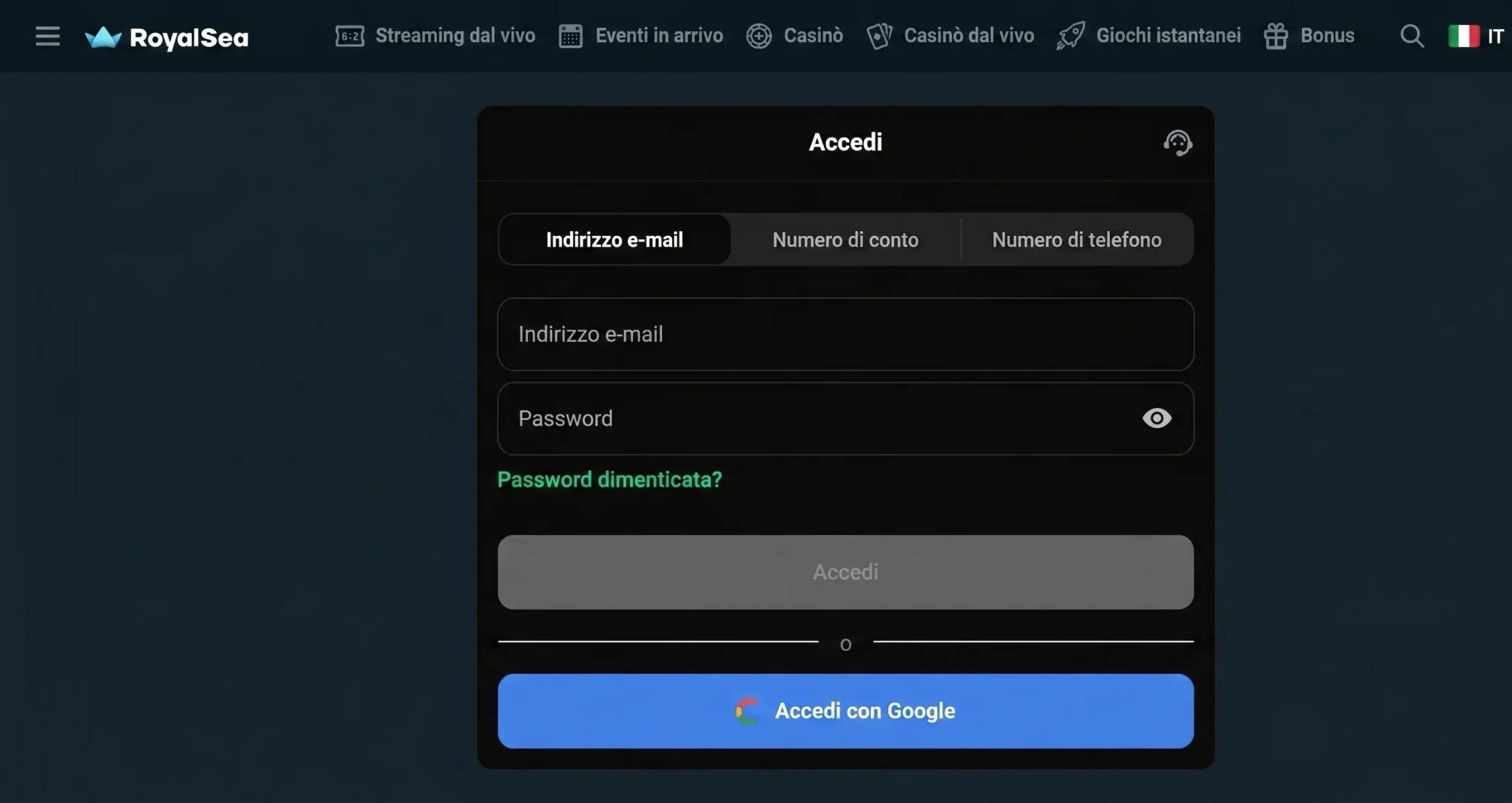 Royalsea Casino bejelentkezési űrlap e-mail és jelszó mezővel