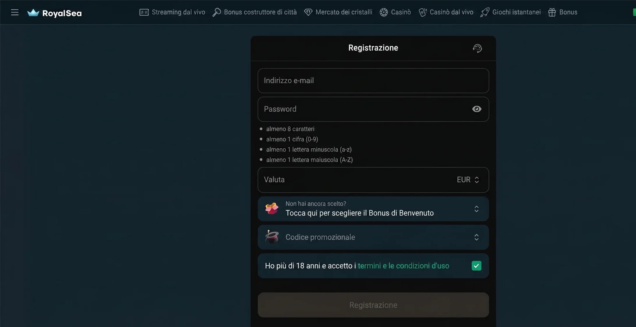 Royalsea Casino bejelentkezési oldal