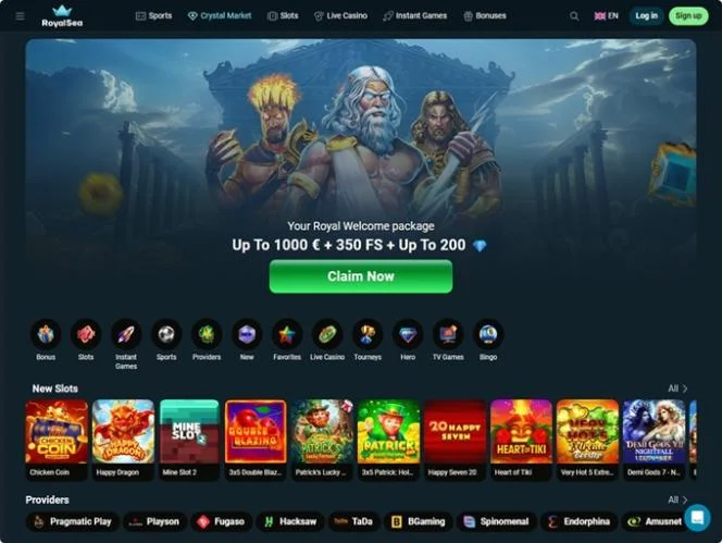 Royalsea Casino főoldal az üdvözlő csomag ajánlatával és Claim Now gombbal
