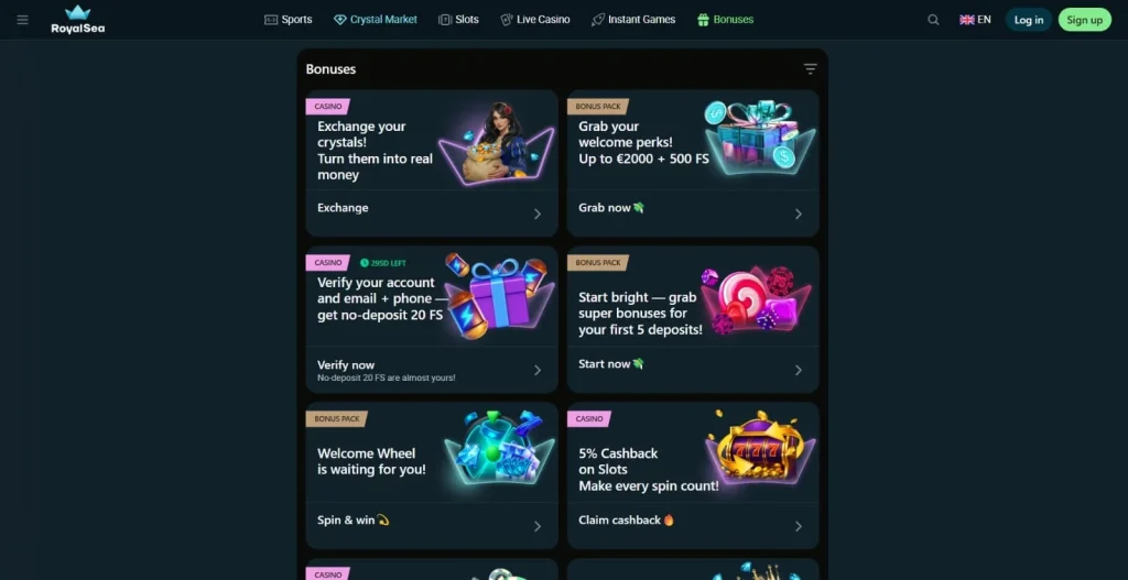 Royalsea Casino bónuszok oldala üdvözlő csomaggal, no-deposit pörgetésekkel és cashback ajánlatokkal