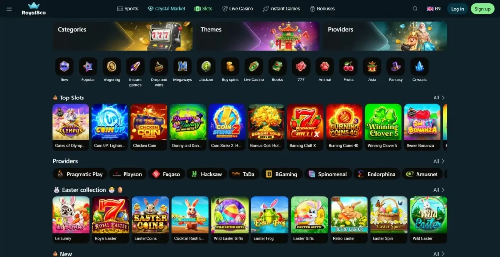 Royalsea Casino nyerőgépek oldala kategóriákkal, top slotokkal és szolgáltatókkal
